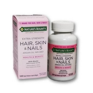Biotina de 5000 mcg de la marca Nature´s Bounty. Para cabello, uñas y piel. Con Aceite de argan, colageno y Acido hialuronico.