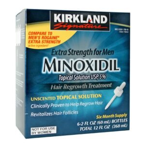 Minoxidil en liquido de la marca Kirkland. Tratamiento para 6 meses de uso. Precio: $ 945