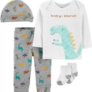 Set de dinosaurios pata niño. Contiene gorro, pants, playera y calcetines. De la marca Carters. Talla: 12 meses.