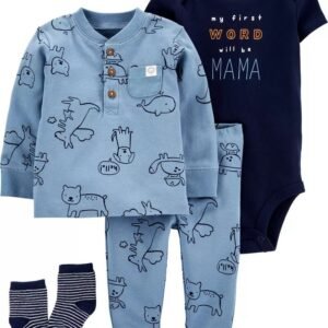 Conjunto de 4 piezas de ropa de Carters con estampado de  canguros. Azul. Talla : 12 meses. Envíos a todo Mexico.