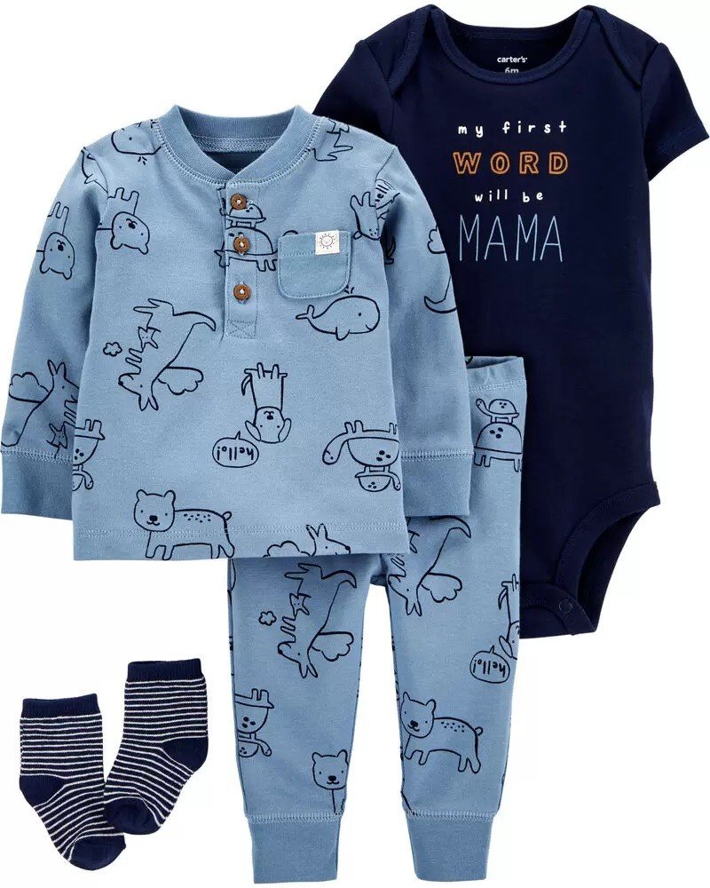 Conjunto de 4 piezas de ropa de Carters con estampado de canguros. Azul. Talla : 12 meses. Envíos a todo Mexico.