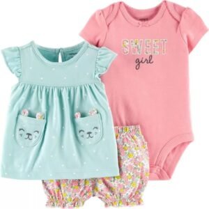 Conjunto de 3 piezas de Carters para niña. DE la talla de 12 meses. contiene falda, pañalera, y  short. Envíos a todo Mexico.