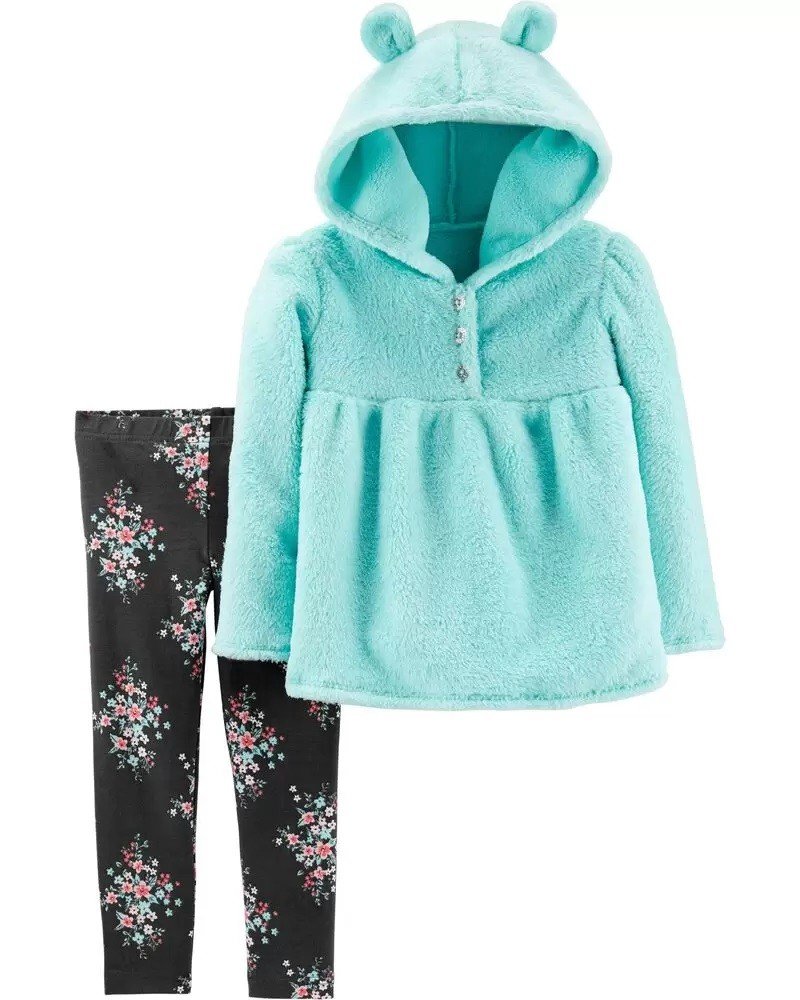 Conjunto de legging floral y top con capucha para niña de 12 meses. De la marca Carters. Envios a todo México.