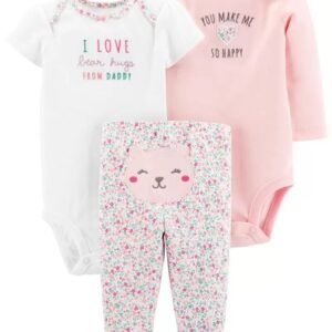 Conjunto de pañalera y pantalon floral. Con dibujo de oso en color rosa. Contiene 2 pañaleras y 1 pantalon. Envios a todo Mexico