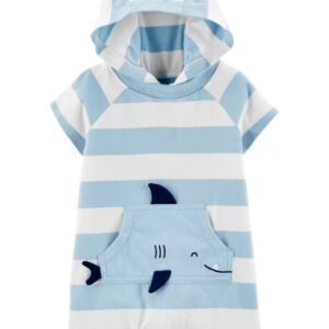 Mameluco para niño de manga corta a rayas de color azul,  con el dibujo de tiburon. Marca: Carters y envíos a todo Mexico.