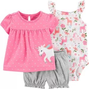Set de 3 piezas de unicornio para niña, estampado en color rosa. short y pañalera floral, de la talla de 12 meses.