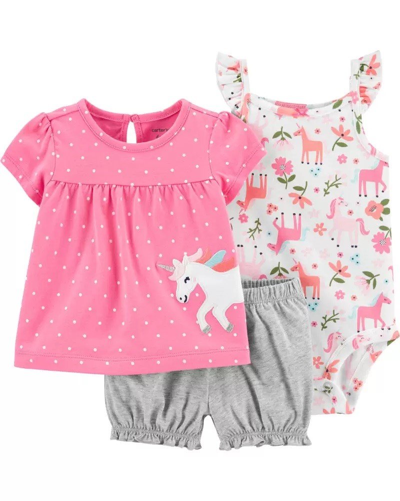 Set de 3 piezas de unicornio para niña, estampado en color rosa. short y pañalera floral, de la talla de 12 meses.