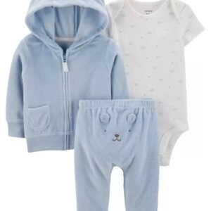 Conjunto de 3 piezas con sueter, pantalón y pañalera con el tema de oso en color azul. Marca: Carters y envíos a todo México.