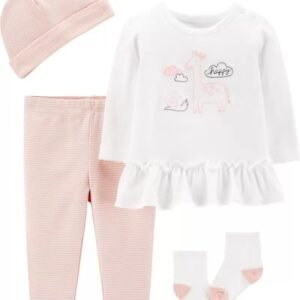 Conjunto completo con el tema de jirafa. Con calcetas, playera , pantalón y gorro. Marca: Carters y envios a todo Mexico.