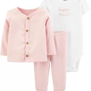 Conjunto para niña de Cardigan abrigo para niña con pañalera y pantalon en color rosa. Marca: Carters.