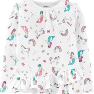 Camiseta de jersey Sirenas y Unicornios para niña en color blanco. Talla: 12 meses. Marca: Carters.