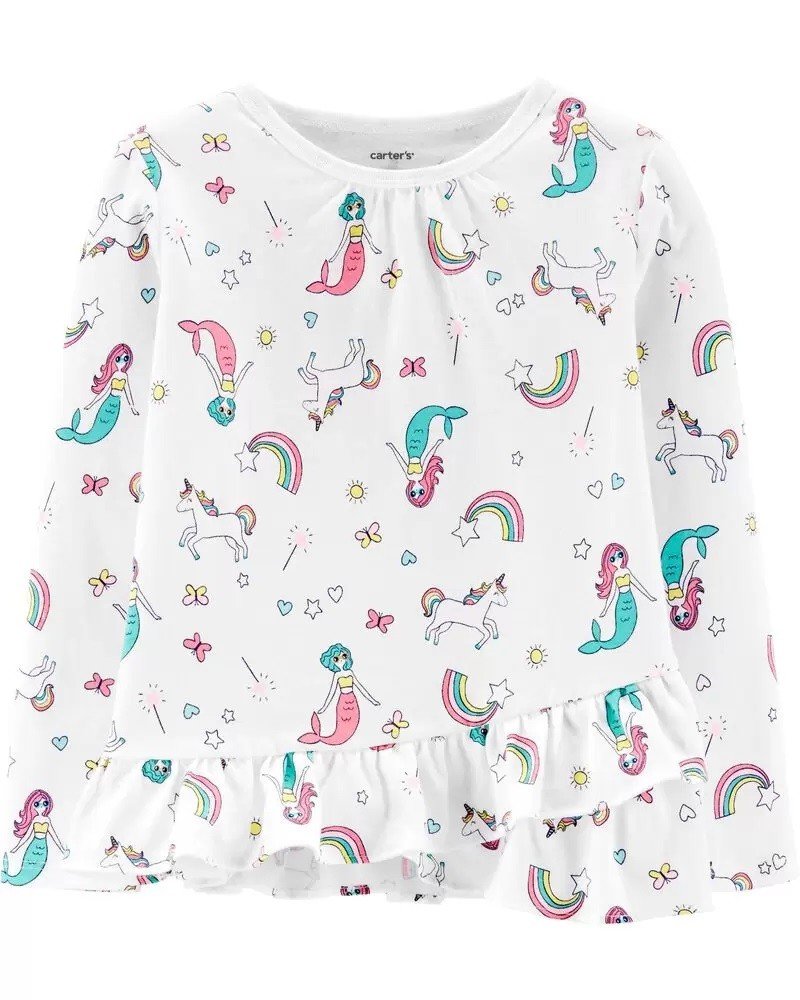 Camiseta de jersey Sirenas y Unicornios para niña en color blanco. Talla: 12 meses. Marca: Carters.