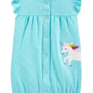 Mameluco de unicornio en color azul. Bordado por el contorno. Para niña en talla: 12 meses. Envios a todo Mexico.