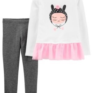 Conjunto de playera con gatito y leggins de la marca Carters. Para niña de la talla 12 meses. Envíos a todo México.