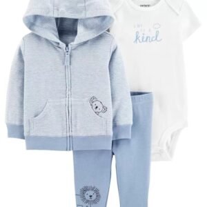 Conjunto de 3 piezas del pequeño coala. Contiene pañalera y pantalon en color azul. Para niño. Talla: 12 M. Carters.