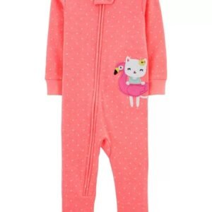 Pijama mameluco sin pies con el tema de gatito para niña de la talla 12 meses. Carters.